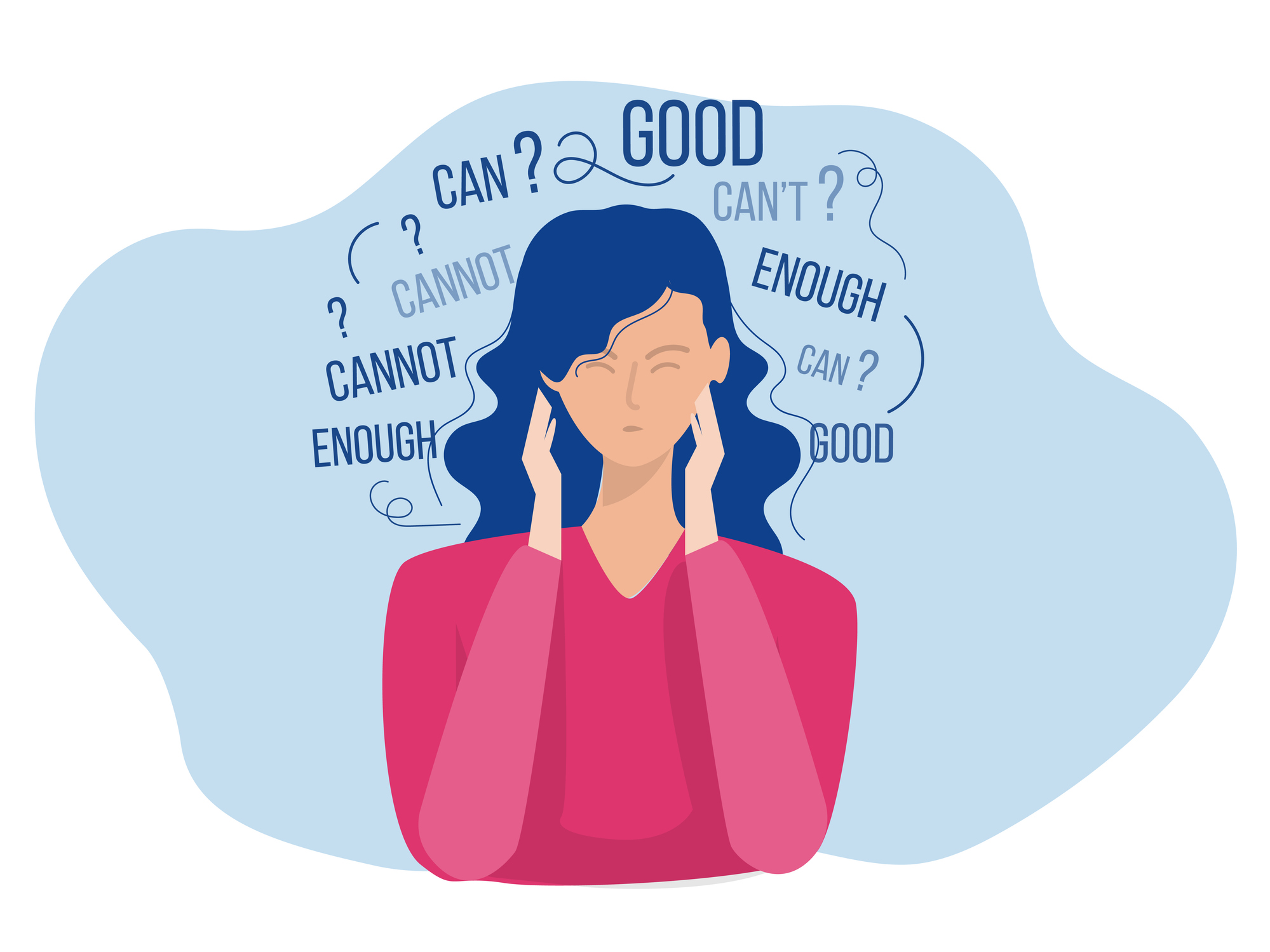 Illustration of a person holding their head while surrounded by words like “can’t,” “cannot,” “enough,” and “good,” representing self-doubt and negative thoughts.